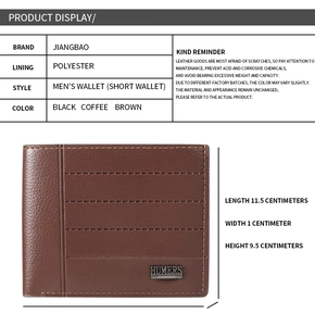 Detailed view of brown lychee grain leather men's short wallet with dimensions 11.5x9.5x1 cm