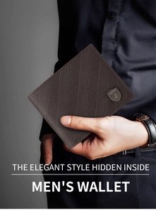Close-up of brown leather men's wallet with textured embossing and shield metal logo