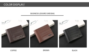 Men's slim bi-fold wallets in coffee, brown, and black displayed in a business setting