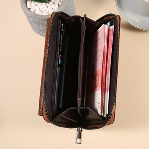 Brown leather large capacity zipper wallet with multi-card slots and coin pocket