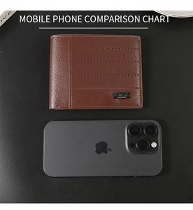 Brown leather bi-fold wallet size comparison with a smartphone on a black background