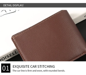 Close-up of neat stitching and lychee grain texture on a premium brown leather wallet