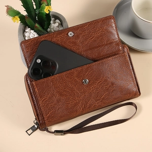 Brown vintage men's large capacity business clutch bag with woven wristlet and phone pocket