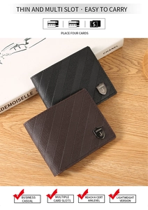 Detail of slim men's bi-fold wallets showing textured diagonal grain and shield logo