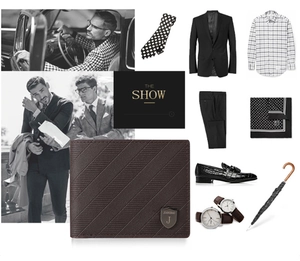 Flat lay of brown leather wallet with textured stripes and stylish men accessories