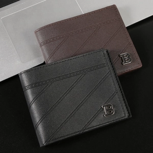 Vintage leather men's bifold wallet with lychee texture and diagonal stitching details
