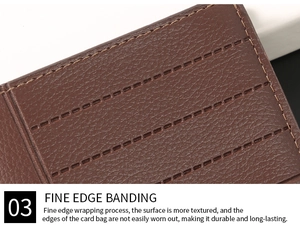 Detail of brown leather wallet showing fine edge sealing and uniform stitching craftsmanship