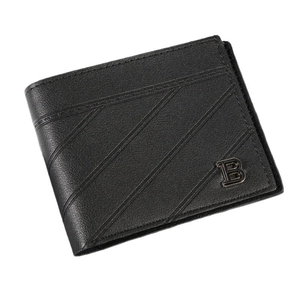 Classic men's black leather bifold wallet with striped embossing and metal B logo detail