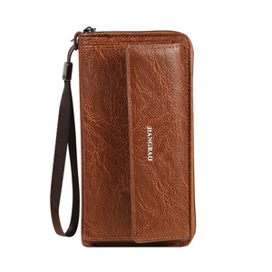 Brown long leather zipper wallet for men with a large capacity wristlet handle strap