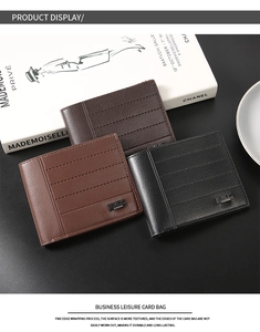 Three leather business card holders in black, brown, and coffee with metal logo detail