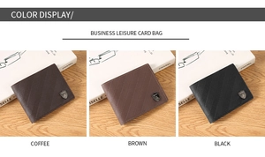 Three men's wallets in black, brown, and coffee color on a wooden desk with accessories