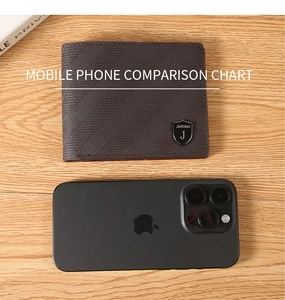 Men's bifold wallet in textured dark brown leather compared with a smartphone for size
