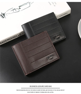 Close-up of pebble grain leather texture and metal logo on business credit card holders