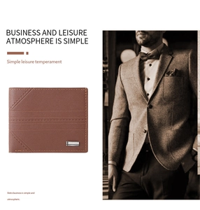 Detail of brown leather wallet with geometric stitching and silver logo for men