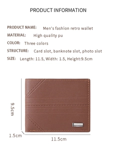 Detailed view of brown PU leather men's wallet with dimensions and internal compartments