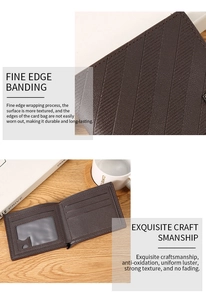 Detail of dark brown bifold wallet with cross-hatch texture and multiple card slots