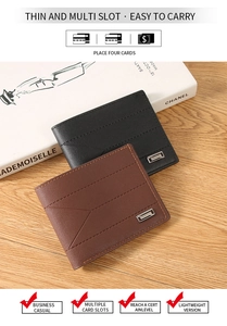Close-up of black and brown textured leather wallets with multiple card slots and metal logo