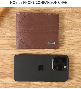 Brown leather wallet size comparison next to a black smartphone on a wooden surface