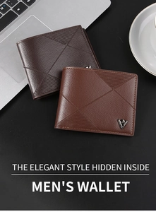Macro view of men's leather wallets with geometric embossing and metal V-shaped logo
