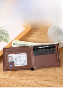 Detail of brown leather bi-fold wallet featuring multiple card slots and a photo window