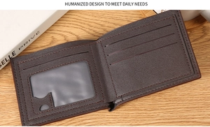 Macro view of a dark brown leather wallet interior featuring multiple card slots and ID window
