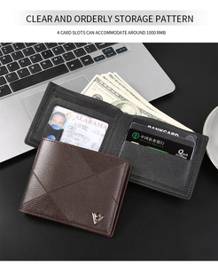Macro view of men's short leather wallet showing interior slots and exterior logo