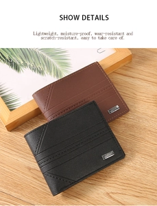 Detail of slim men's bifold wallet with lychee grain texture and Jiangbao metal logo
