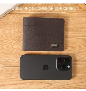 Men's dark brown leather wallet next to a smartphone showing compact size and texture