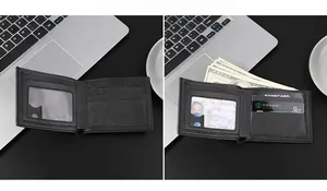Detail of black bifold men wallet showing transparent ID slot and multi-card capacity
