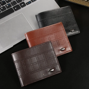 Short men's leather wallets in black and brown with embossed grid texture for business