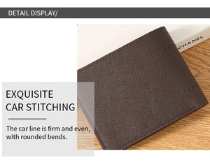 Close-up of exquisite stitching and pebble grain texture on dark brown leather wallet