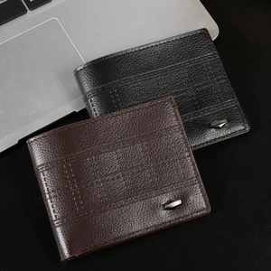 Classic men's bi-fold leather wallet in black and dark brown with logo badge