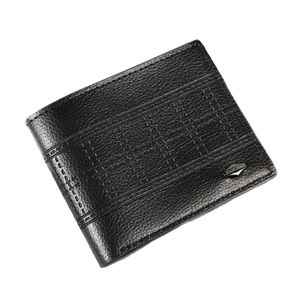 Classic black leather bi-fold wallet for men with textured finish and metal logo