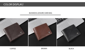 Short men's leather wallets in coffee, brown, and black with litchi texture and metal logo