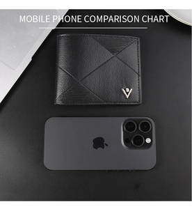 Mens slim leather wallet shown next to a smartphone to demonstrate its compact size