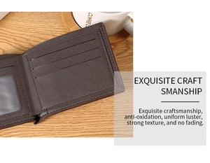 Detail of dark brown leather wallet interior with card slots and transparent ID window