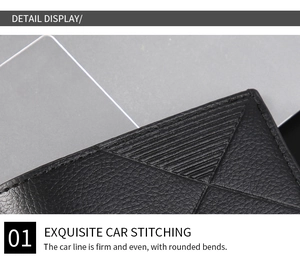 Close-up of exquisite car stitching and lychee grain texture on black leather wallet