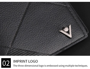 Detail of lychee pattern leather wallet with silver metal V-logo and embossed brand text