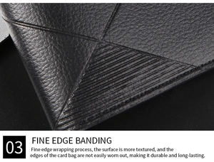 Detailed close-up of high-quality lychee pattern leather and neat stitching on wallet edge