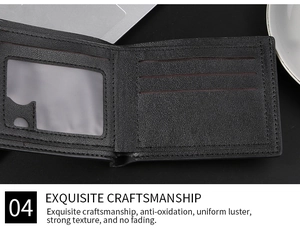 Detail of black leather wallet with multiple card slots and transparent ID window