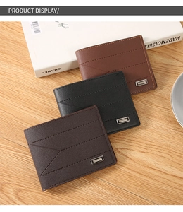 Three-color horizontal bi-fold men's leather wallets with embossed stitching detail