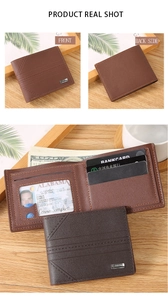Short bi-fold men's wallet in dual-tone leather featuring card slots and photo window