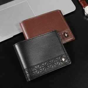 Men Bifold Wallet PU Leather Litchi Pattern Geometric Embossing Multi Card Slots Slim Business Casual Short Purse