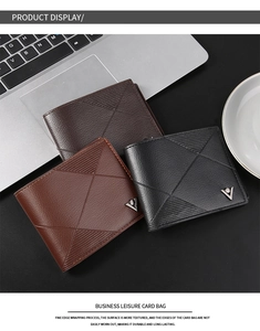 Short bifold wallets for men featuring textured leather and a minimalist metal V-shaped logo