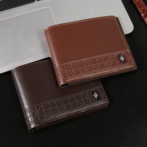 Men's bifold wallets in brown lychee grain leather with geometric embossed details