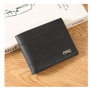 Close-up of a men's black leather wallet featuring horizontal stitching and metal logo