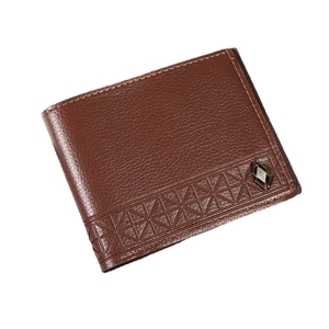 Mens brown leather bifold wallet with lychee texture and metal logo plaque detail