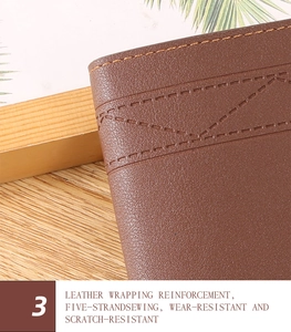Detail of reinforced leather edge with precision five-strand stitching on brown wallet