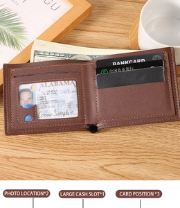 Close-up of the bifold men's wallet with multiple card slots and clear ID windows