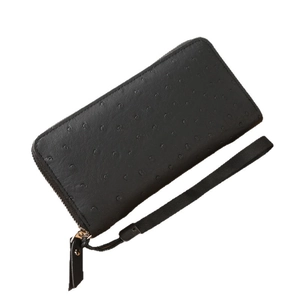 Classic black ostrich embossed PU leather long wallet with wrist strap and gold zipper